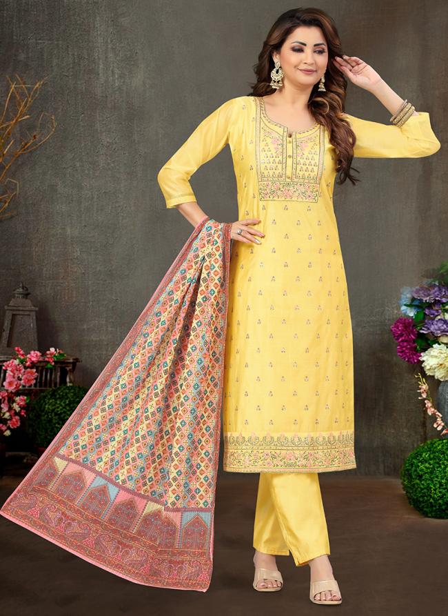 Chanderi Silk Yellow Festival Wear Embroidery Work Readymade Straight Suit